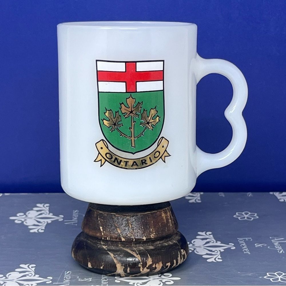 Ontario Coat of Arms Milk Glass Wood Base Pedestal Mug vintage